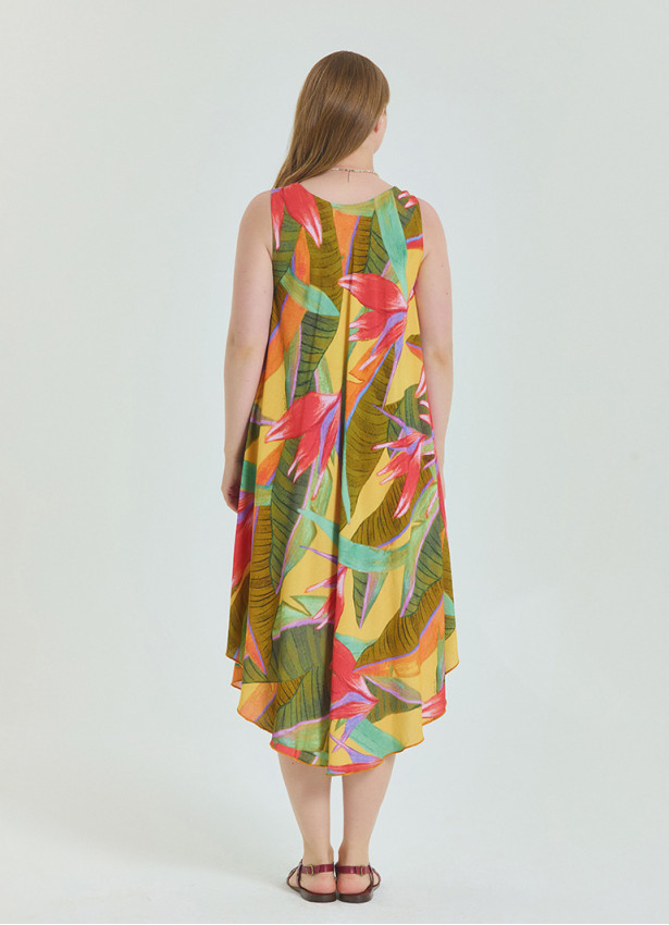 Boat Neck Loose Cut Yellow Plus Size Dress 4667